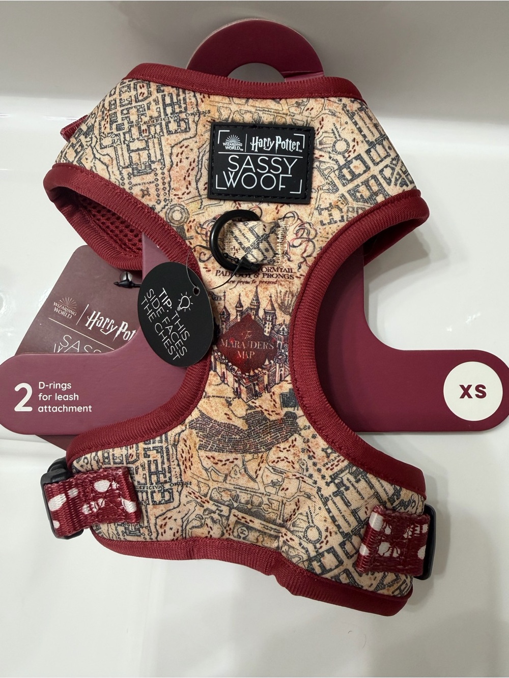 Sassy woof Harry Potter Map Dog Harness - Maroon/Beige (XS)